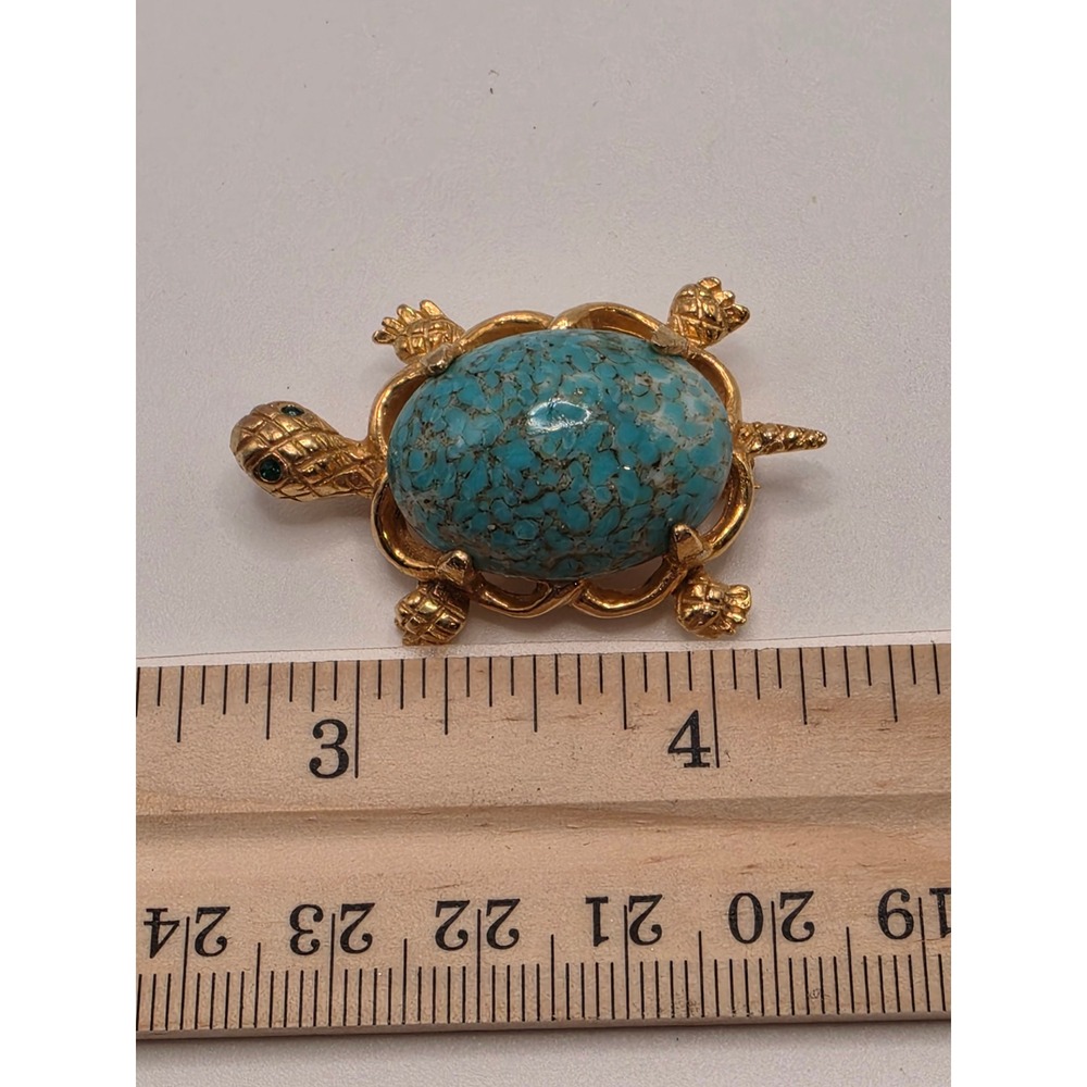 Vintage DeNicola Gold Tone Faux Turquoise Green Eye Turtle Brooch Pin Signed